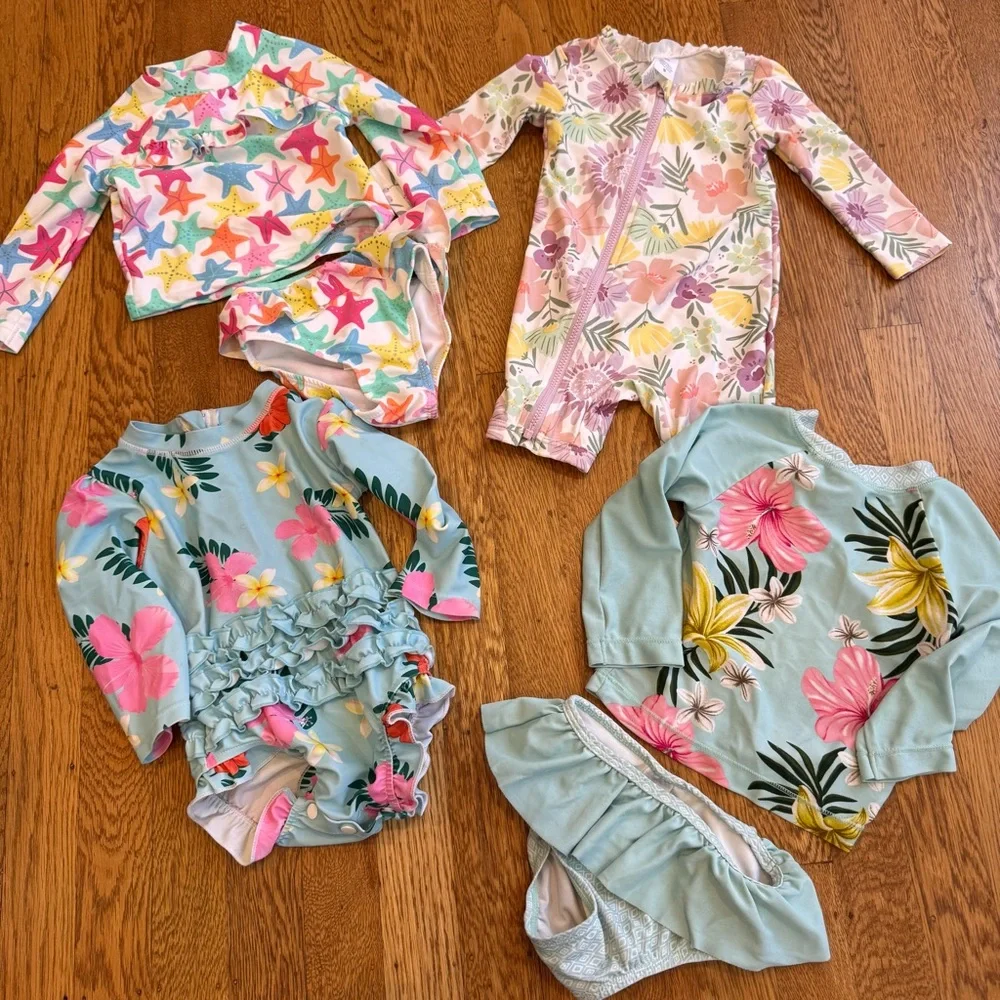 Carter's, Little Me, lot of 4 swimsuits 6-9 months blue, teal, pink Rash guards